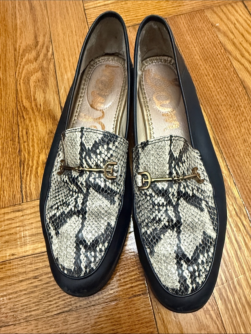 Sam Edelman Black Loafers with Snake-Print Vamp and Gold Bit